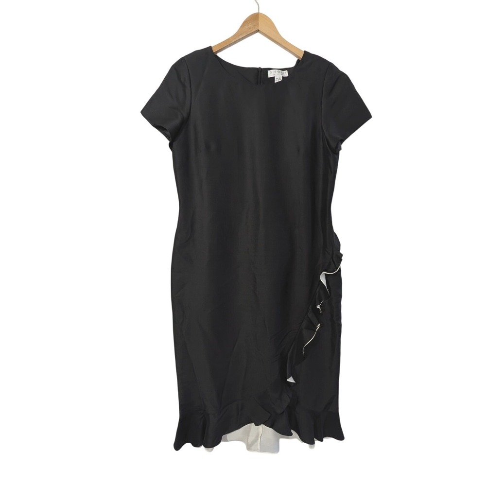 Shomi Silk Midi Dress Womens 14 Black Short Sleeve Ruffle Party Event Occasion